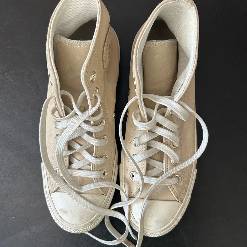High-Top Faux Leather Sneakers in Beige with White Laces